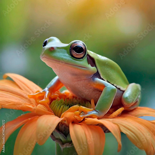 White Australian tree frog sitting on a flower, heavily blurred background photo