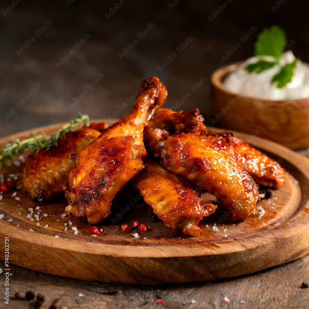 Grilled buffalo chicken wings on a rustic wooden plate
