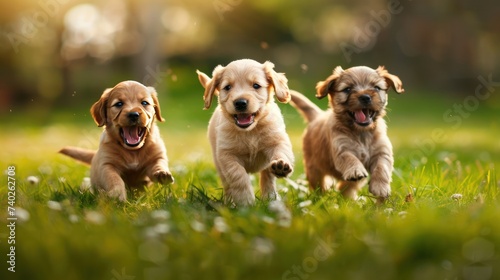 Puppies romp on lush green grass, tails wagging with excitement