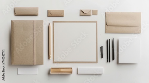 Minimalist stationery items laid out against a clean white backdrop