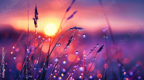 In the hush of dawn, the grass is adorned with fresh morning dew, each drople...