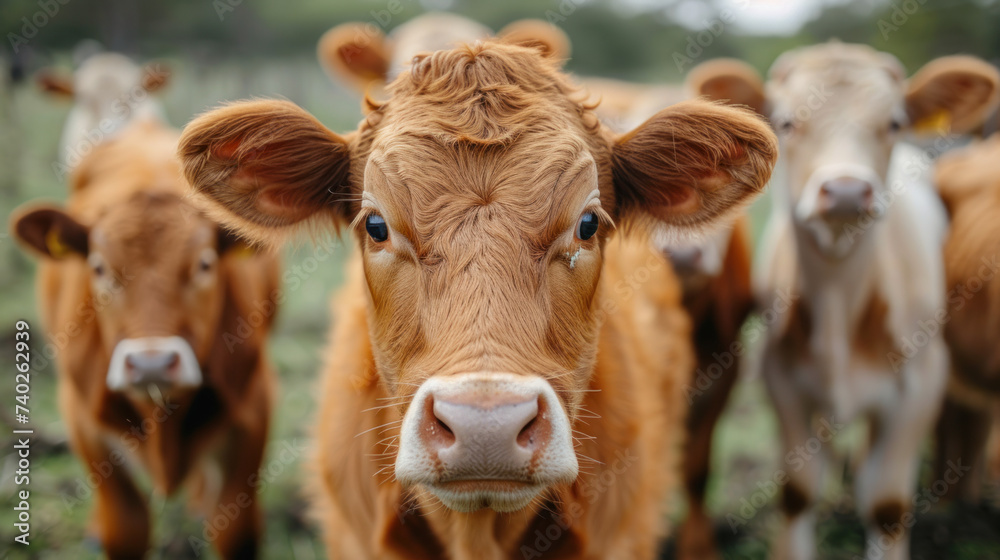 A close-up image of a young brown calf with a white snout, standing in a lush green field during sunset, with the sky painted in soft hues of blue and orange A close-up image of a young brown calf with a white snout, standing in a lush green field during sunset, with the sky painted in soft hues of blue and orange