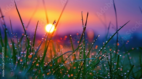 In the hush of dawn, the grass is adorned with fresh morning dew, each drople...
