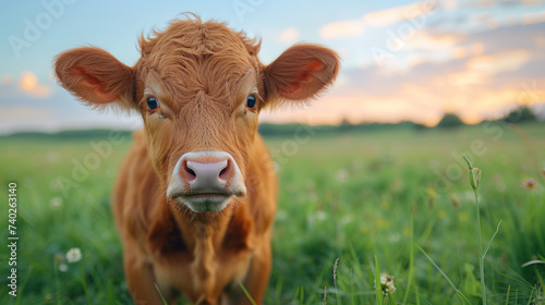 A close-up image of a young brown calf with a white snout, standing in a lush green field during sunset, with the sky painted in soft hues of blue and orange