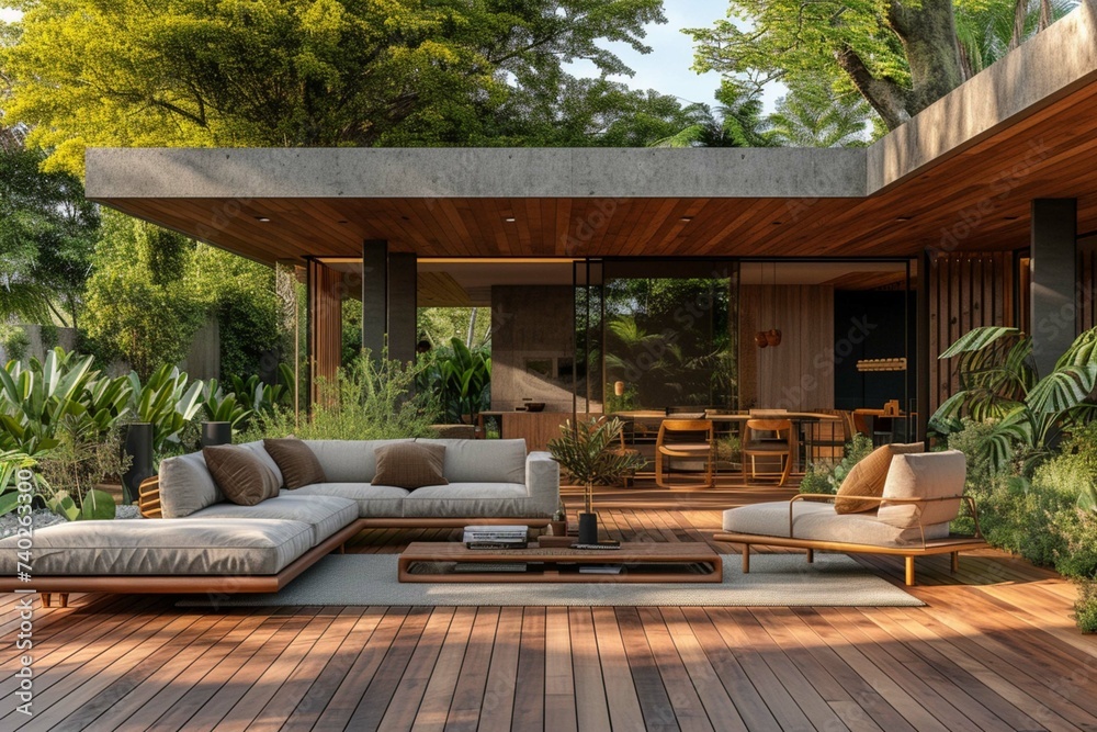 Amazing wooden deck and furniture at private home.