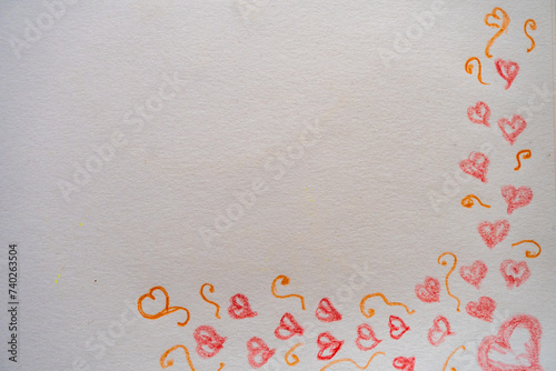 Hand Drawn Red Heart Photograph Row of Multicolored Pencils on White Background © Oksana