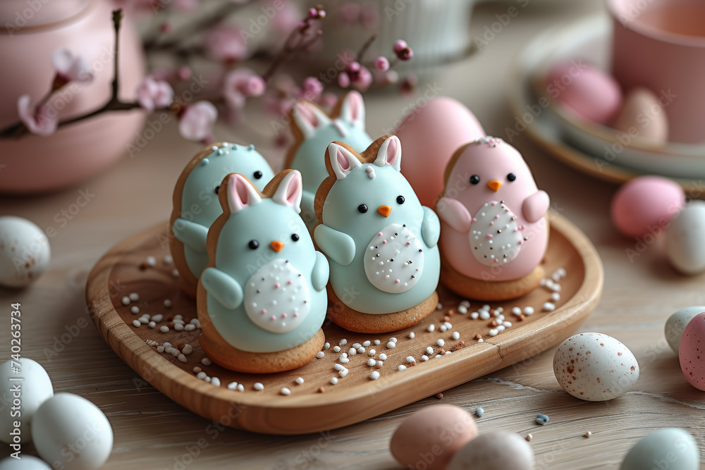 Quaint Easter-themed cookies shaped like bunnies, eggs, and chicks, tempting with delightful flavors. Concept of Easter cookie art. Generative Ai. Quaint Easter-themed cookies shaped like bunnies, eggs, and chicks, tempting with delightful flavors. Concept of Easter cookie art. Generative Ai.