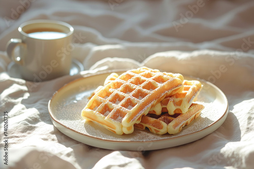 delicious golden waffles with powdered sugar and berries on a plate in bed with coffee cup for breakfast room service cozy scandinavian food cafe in editorial magazine studio setting natural light
