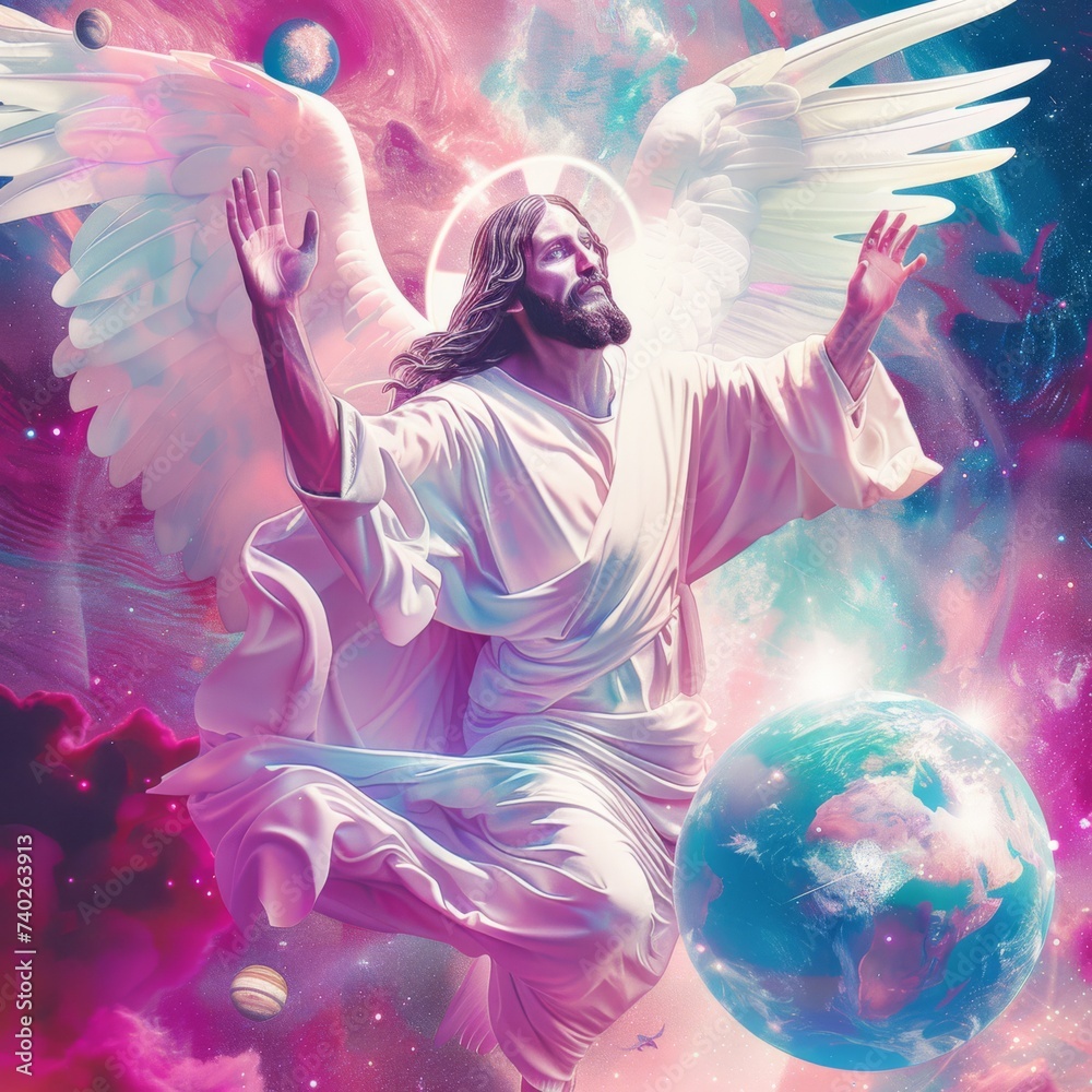jesus with white angel wings, white holy tunic protecting earth, and planets, pink and blue colors
jesus with white angel wings, white holy tunic protecting earth, and planets, pink and blue colors