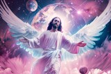 jesus with white angel wings, white holy tunic protecting earth, and planets, pink and blue colors
