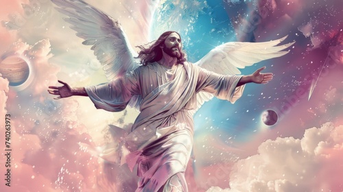 jesus with white angel wings, white holy tunic protecting earth, and planets, pink and blue colors
 photo