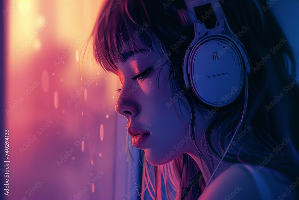 Beautiful anime girl listening to lofi hip hop music with headphones. Manga, cartoon drawing. - obrazy, fototapety, plakaty 