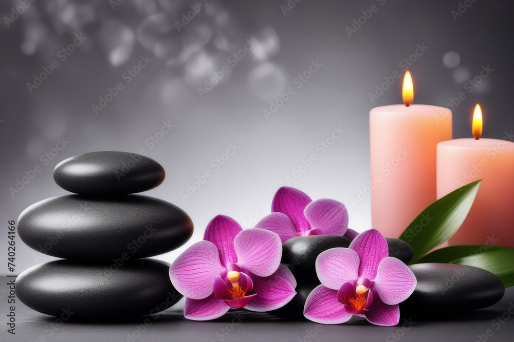 Spa gray background with massage stones, exotic flowers and copy space.
