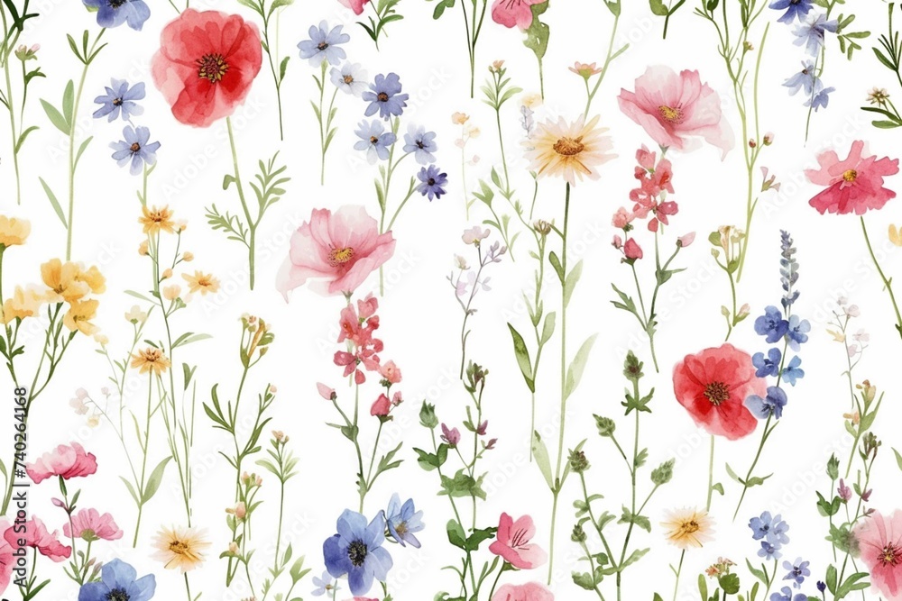 Beautiful floral summer seamless pattern with watercolor hand drawn field wild flowers. Stock illustration.