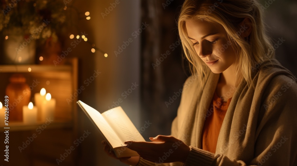 Woman Reading a Book in Front of Candles Woman Reading a Book in Front of Candles