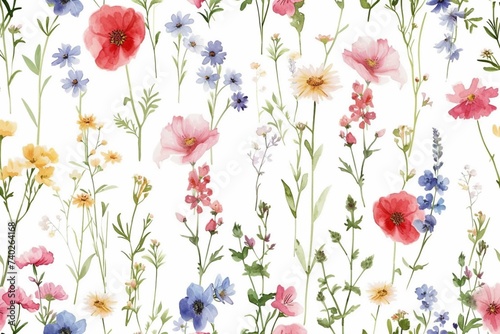 Beautiful floral summer seamless pattern with watercolor hand drawn field wild flowers. Stock illustration. © sania