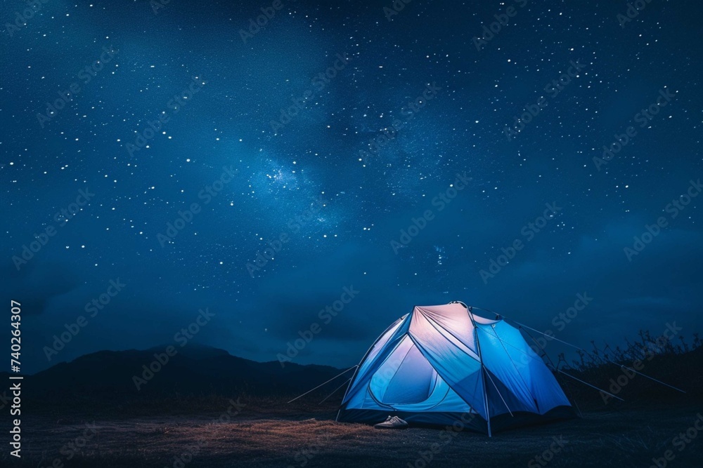 Blue tent with light under starry night