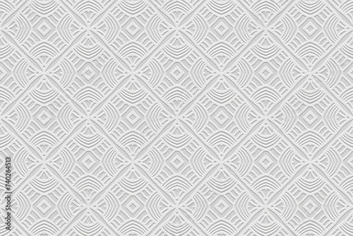 Embossed white background, cover design. Handmade. Geometric elegant 3D pattern. Ornaments, arabesques, boho style. Vintage art of the East, Asia, India, Mexico, Aztec, Peru. Ideas for creativity.