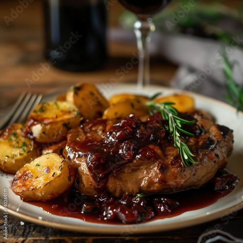 Steak with cranberry sauce and baked potatoes on a wooden table