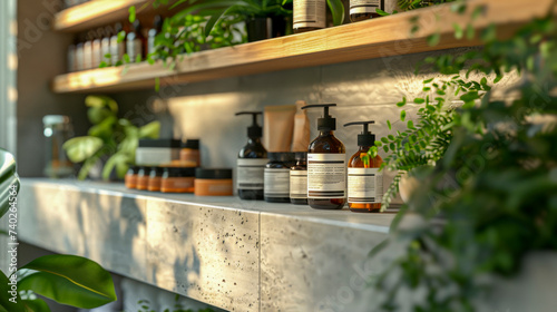 A serene and well-organized display of luxury haircare products on wooden shelves, bathed in soft, natural light, perfect for beauty and retail themes. photo
