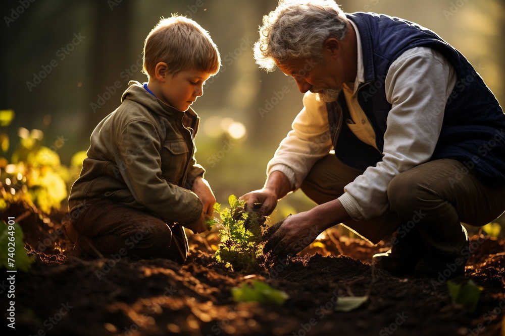 Grandpa and grandson have fun with garden work, planting some vegetables - obrazy, fototapety, plakaty 