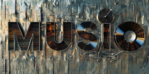 Wallpaper Mural Electronic music festival poster with abstract lines. Design template for flyer, presentation, brochure."MUSIC" text shaped with vinyl records and audio waves and metallic textures. Torontodigital.ca