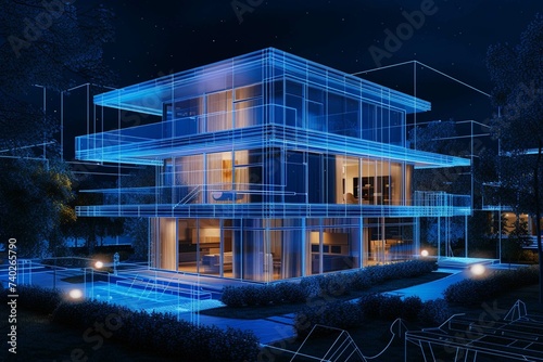 Digital project of residential building. House hologram. Virtual blueprint of smart home