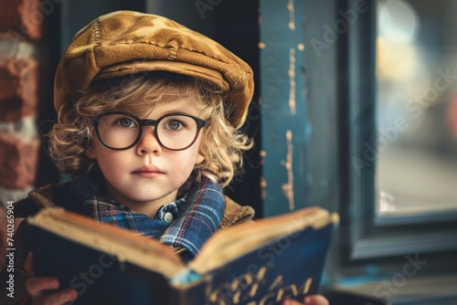 Young Reader in Beret Engrossed in Book by Window, Celebrating World Book Day photo