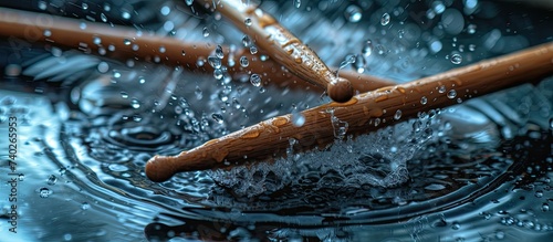 Two bamboo sticks are partially immersed in water as they create rhythmic beats on a wet drum surface, causing motion blur and water splashes.