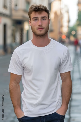 Blank white t-shirt mock-up on a male model, zoom in focus on the man's chest, blurred urban street background. generative AI