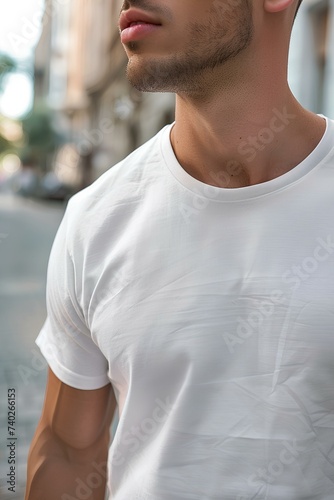 Blank white t-shirt mock-up on a male torso model, zoom in focus on the man's chest, blurred urban street background. generative AI