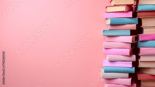 Book Day Array: A Neatly Stacked Pile of Colorful Books Against a Plain Pink Background