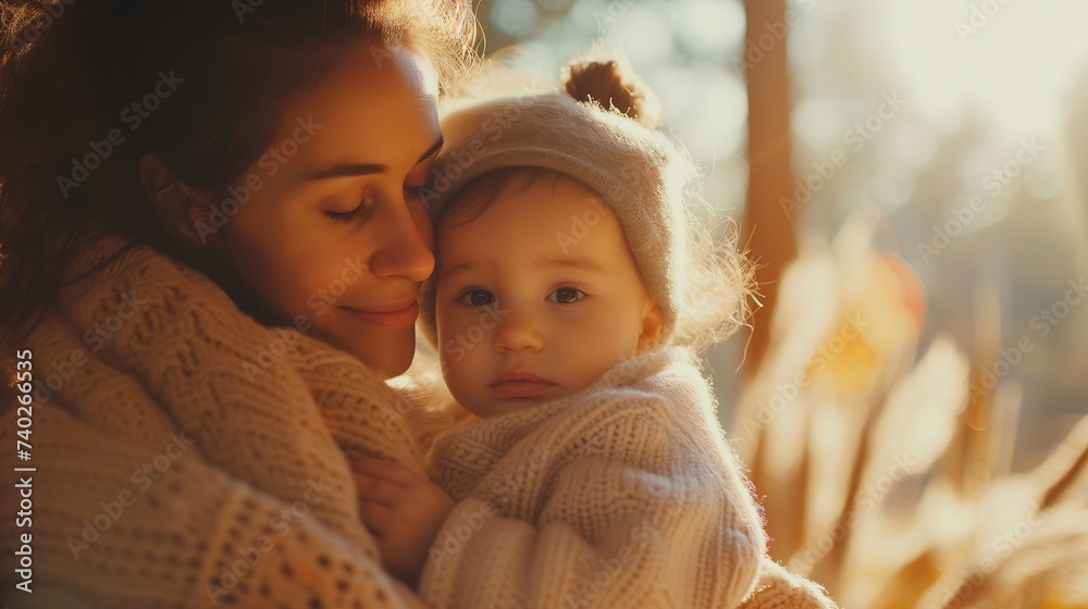 A portrait of a beautiful young mother smiling with her eyes closed while her child sits in her arms against a sunset background. A portrait of a beautiful young mother smiling with her eyes closed while her child sits in her arms against a sunset background.