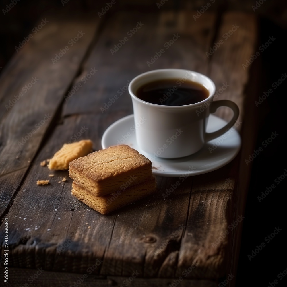 A cup of coffee and a piece of cake on a wooden surface background. A cup of coffee and a piece of cake on a wooden surface background.