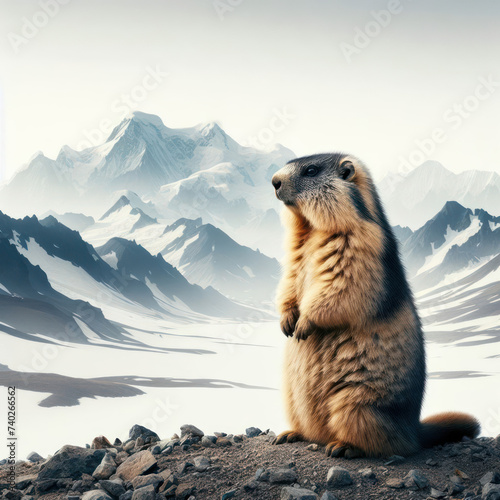 Himalayan marmot  Cute alpine marmot or groundhog  snowy  Mountains  marmota  Murmeltier              high quality portrait  isolated background.