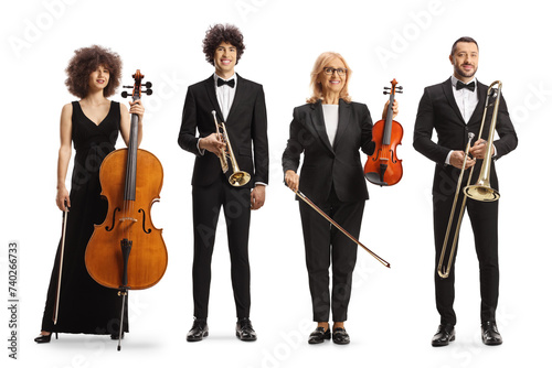 Gruop of music artists with music instruments, cello, violin, trumpet and trombone