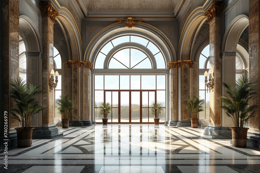Grand hall with marble floors and large arched window