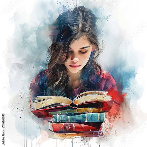 Watercolor style illustration of a girl with books