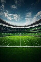 Green field of american football stadium. Ready for game in the midfield