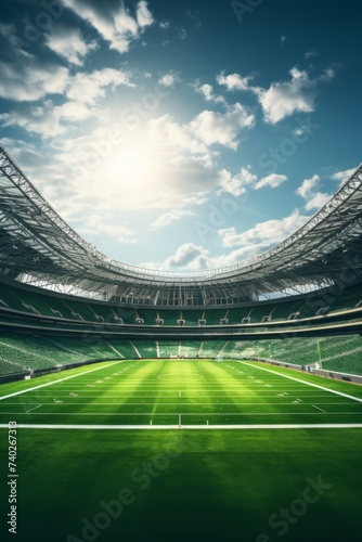 Green field of american football stadium. Ready for game in the midfield