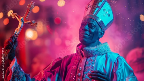 Stampa su tela a happy bishop wearing holding a cross, fashion outfit, pink and blue colors