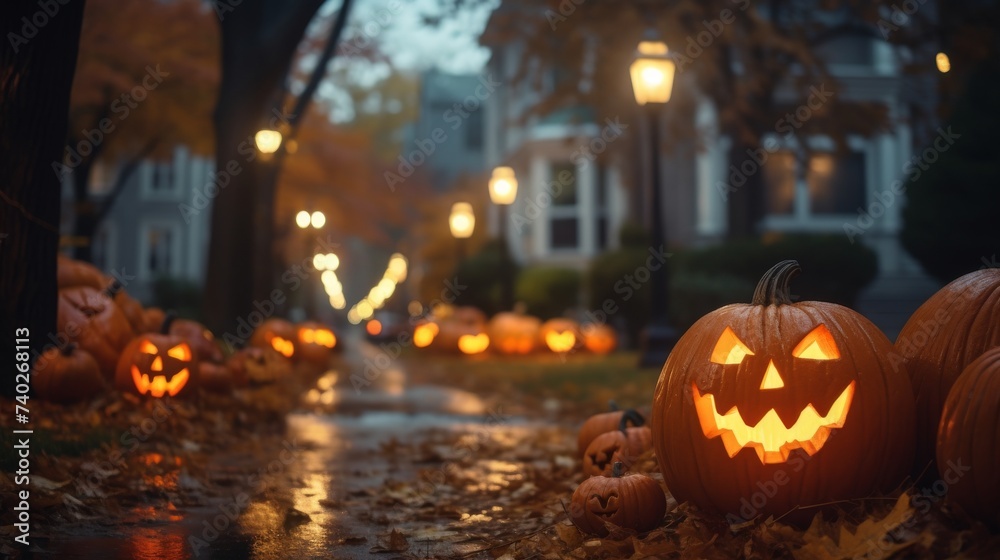 Group of Carved Pumpkins in the Middle of a Road Group of Carved Pumpkins in the Middle of a Road
