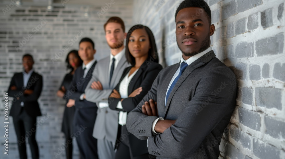 group of smiling professionals, both men and women, standing in a line and dressed in business casual attire group of smiling professionals, both men and women, standing in a line and dressed in business casual attire