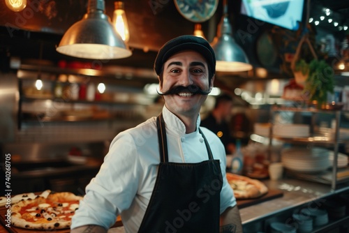 Portrait d'un pizzaiolo avec une grande moustache dans son restaurant » IA générative