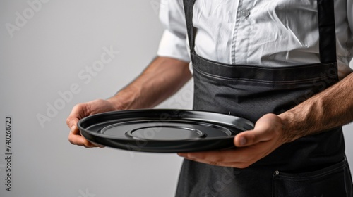 Fototapeta Naklejka Na Ścianę i Meble -  Gros plan sur le buste d'un serveur avec un plateau sur fond gris » IA générative