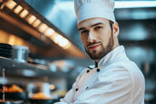 Jeune chef cuisinier dans les cuisines d'un restaurant » IA générative photo