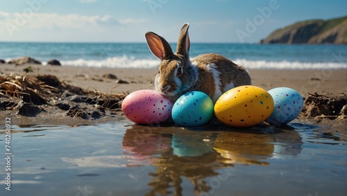  rabbit and easter painted eggs on sand beach