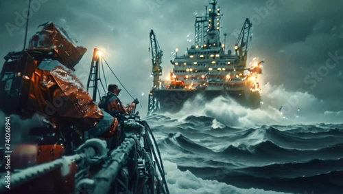 Engineers are working on an oil rig or natural gas rig at sea in extreme weather conditions. photo