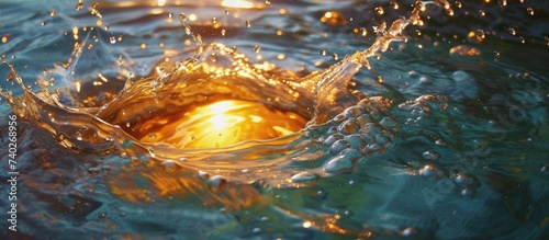 The close-up shot showcases water splashes from a fount, beautifully reflecting the shimmering light of the sun. photo
