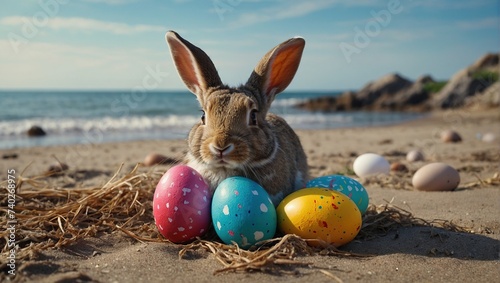  rabbit and easter painted eggs on sand beach